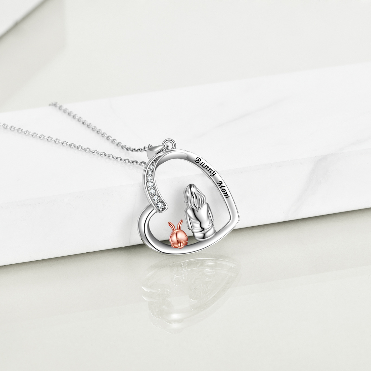 Sterling Silver Two-tone Round Zircon Rabbit Pendant Necklace with Engraved Word-4