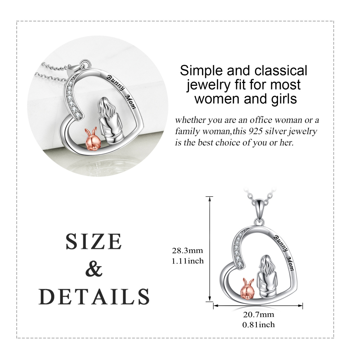 Sterling Silver Two-tone Round Zircon Rabbit Pendant Necklace with Engraved Word-5