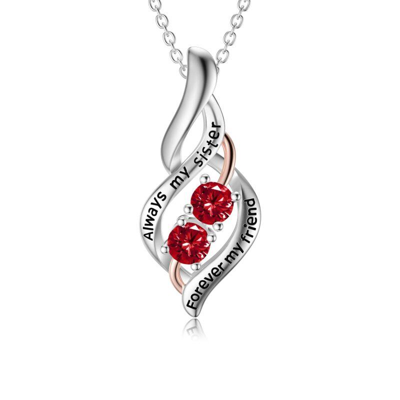 Sterling Silver Two-tone Round Zircon Sisters Pendant Necklace with Engraved Word-11