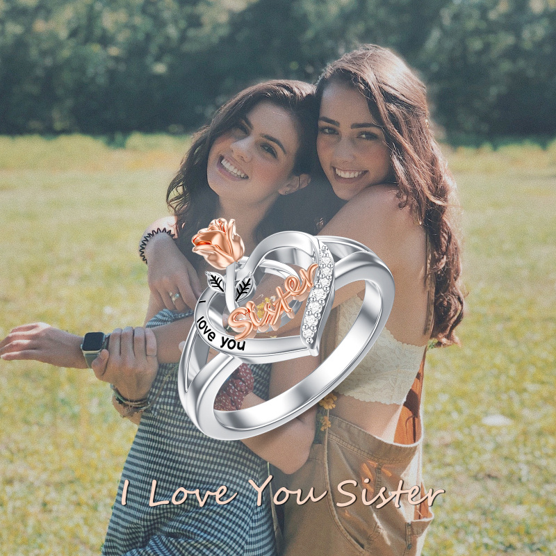 Sterling Silver Two-tone Round Shaped Cubic Zirconia Sisters Ring with Engraved Word-5