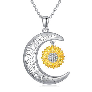 Sterling Silver Two-tone Round Zircon Sunflower & Moon Pendant Necklace-12