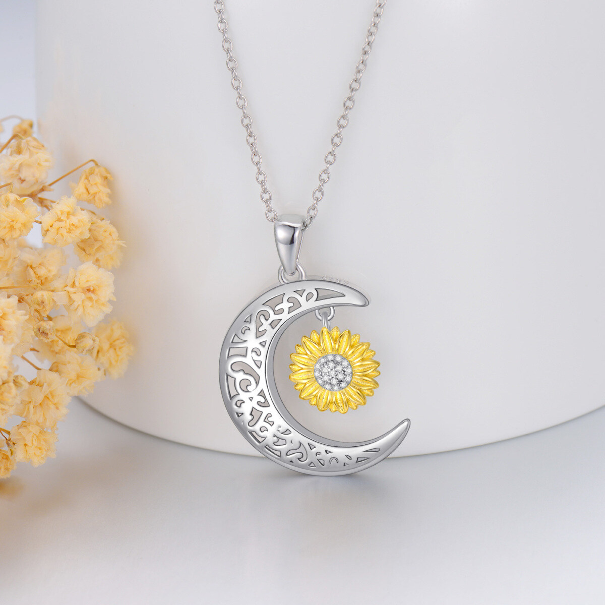 Sterling Silver Two-tone Round Zircon Sunflower & Moon Pendant Necklace-3