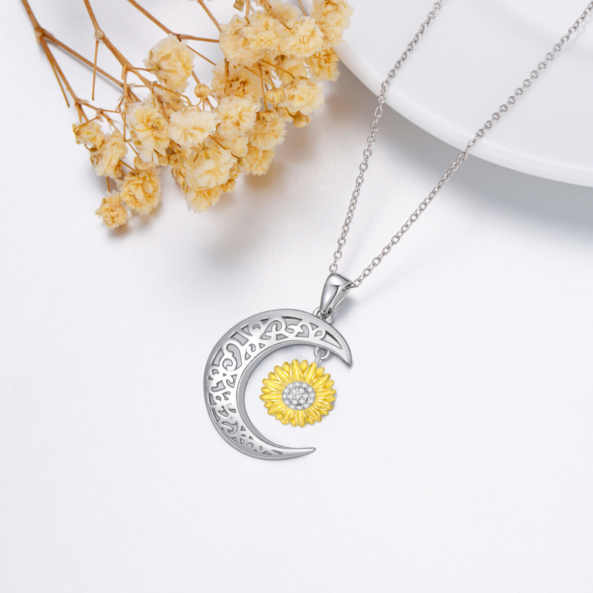 Sterling Silver Two-tone Round Zircon Sunflower & Moon Pendant Necklace-4