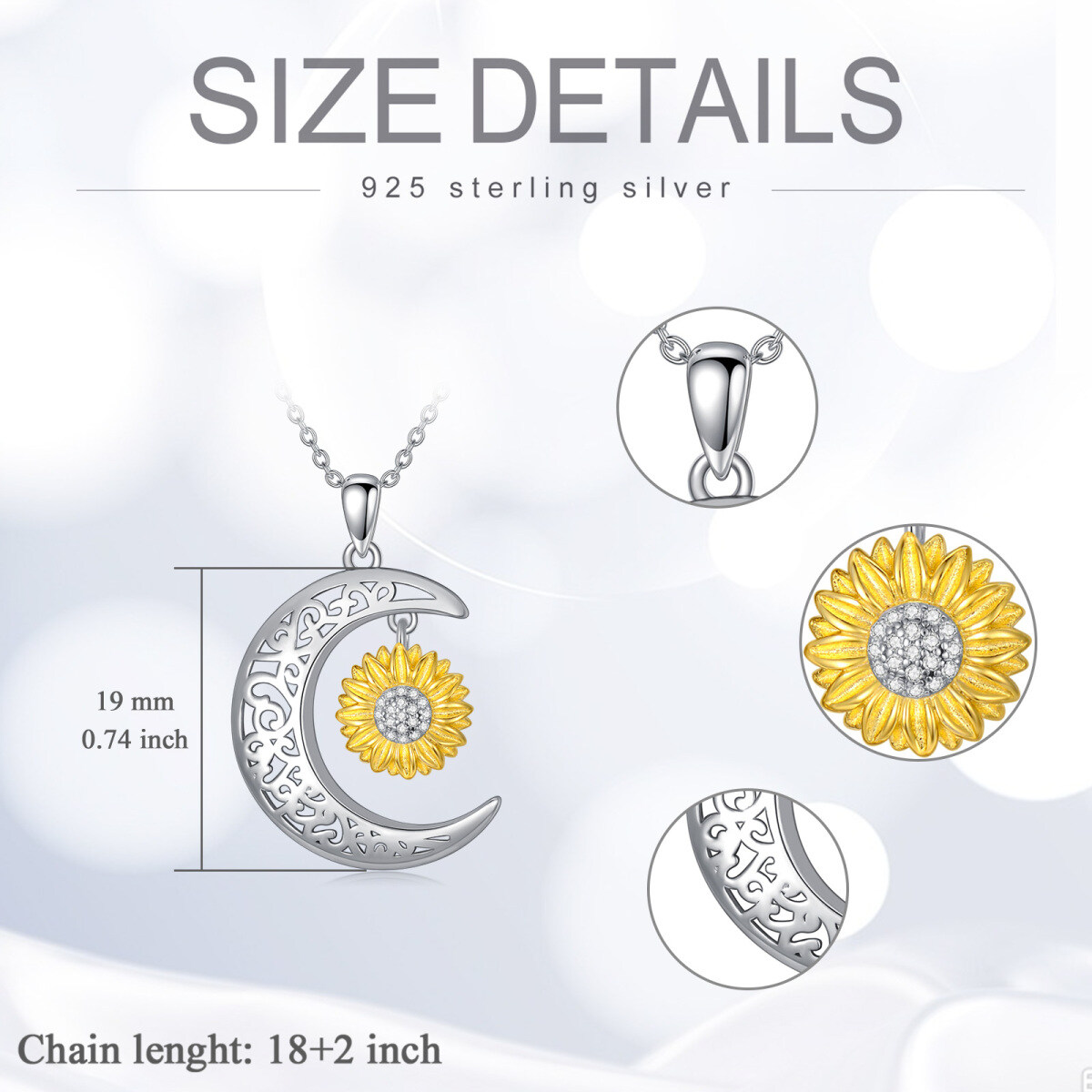 Sterling Silver Two-tone Round Zircon Sunflower & Moon Pendant Necklace-5