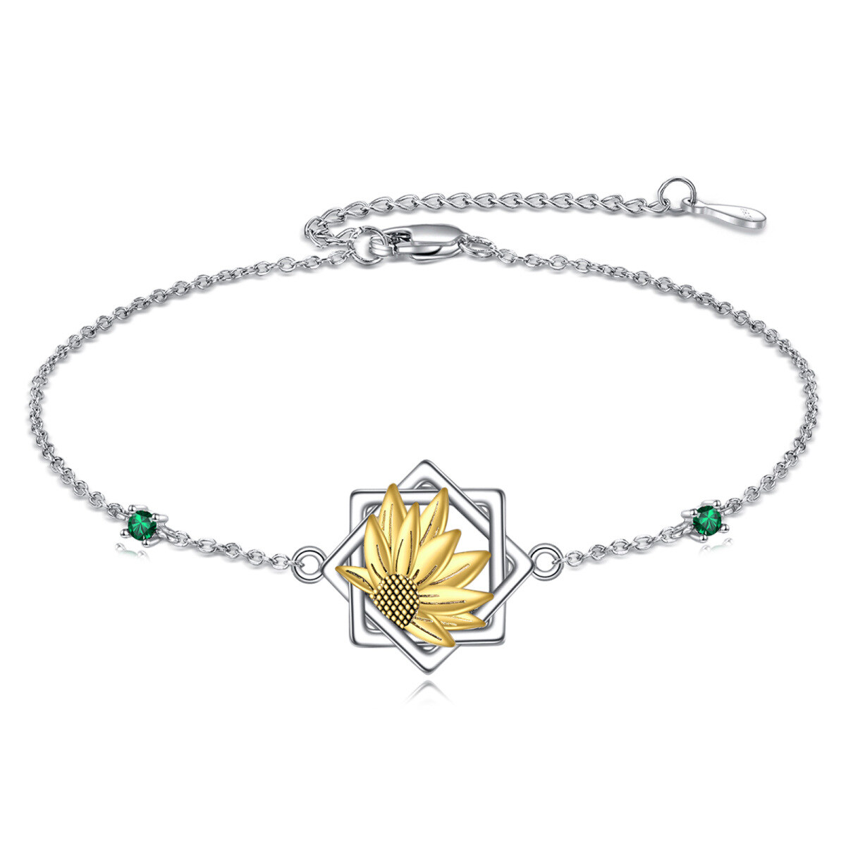 Sterling Silver Two-tone Round Zircon Sunflower Pendant Bracelet-1