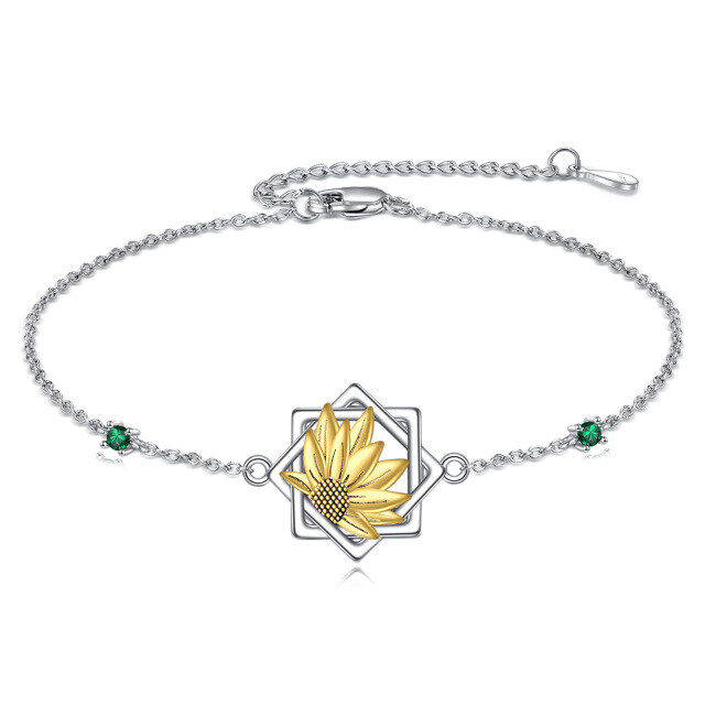 Sterling Silber Zweifarbig Rund Zirkon Sonnenblume Anhänger Armband-1