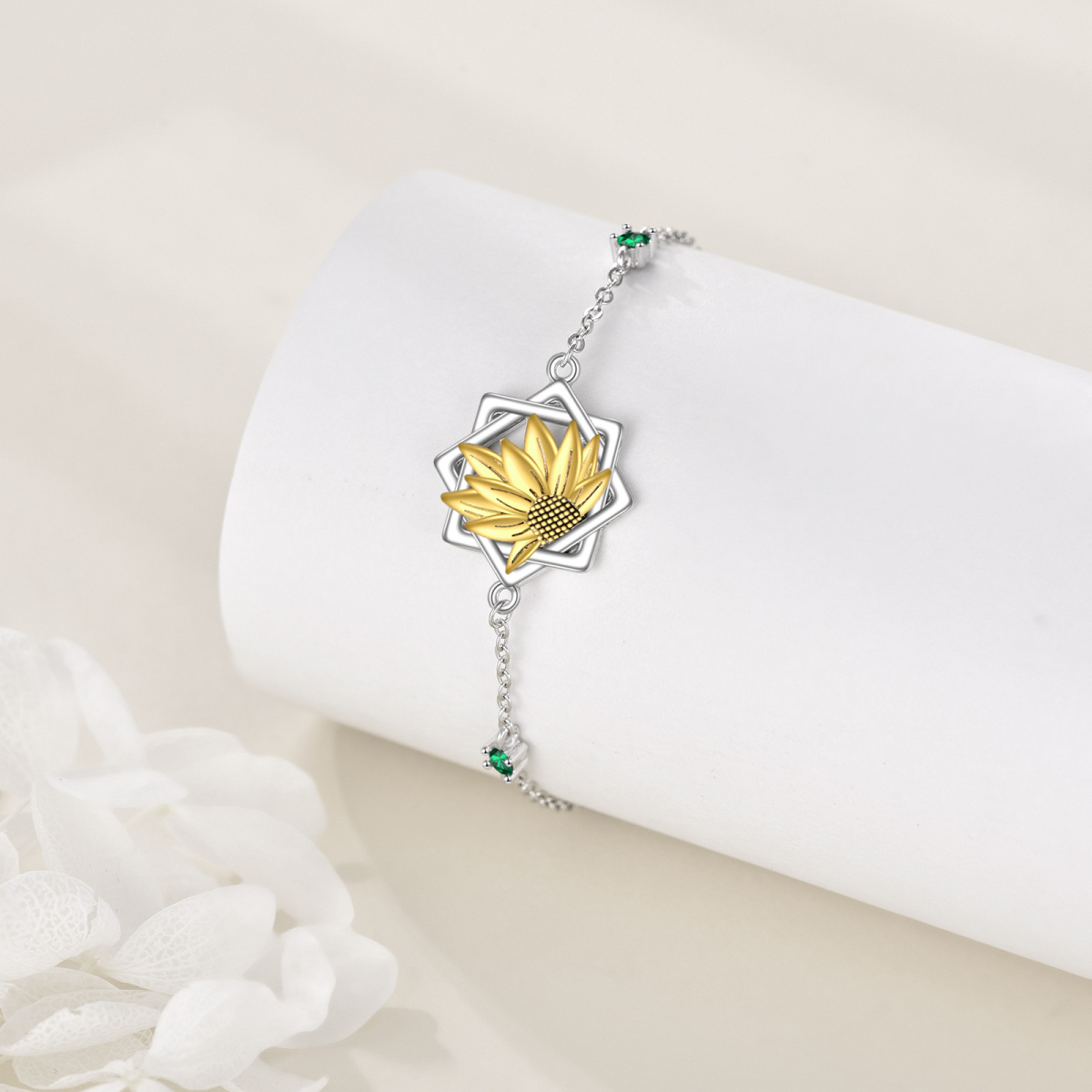 Sterling Silver Two-tone Round Zircon Sunflower Pendant Bracelet-3