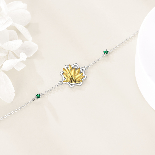 Sterling Silver Two-tone Round Zircon Sunflower Pendant Bracelet-4