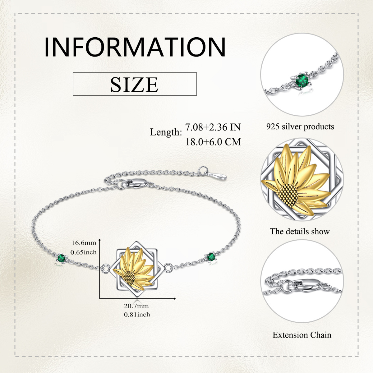 Sterling Silver Two-tone Round Zircon Sunflower Pendant Bracelet-5