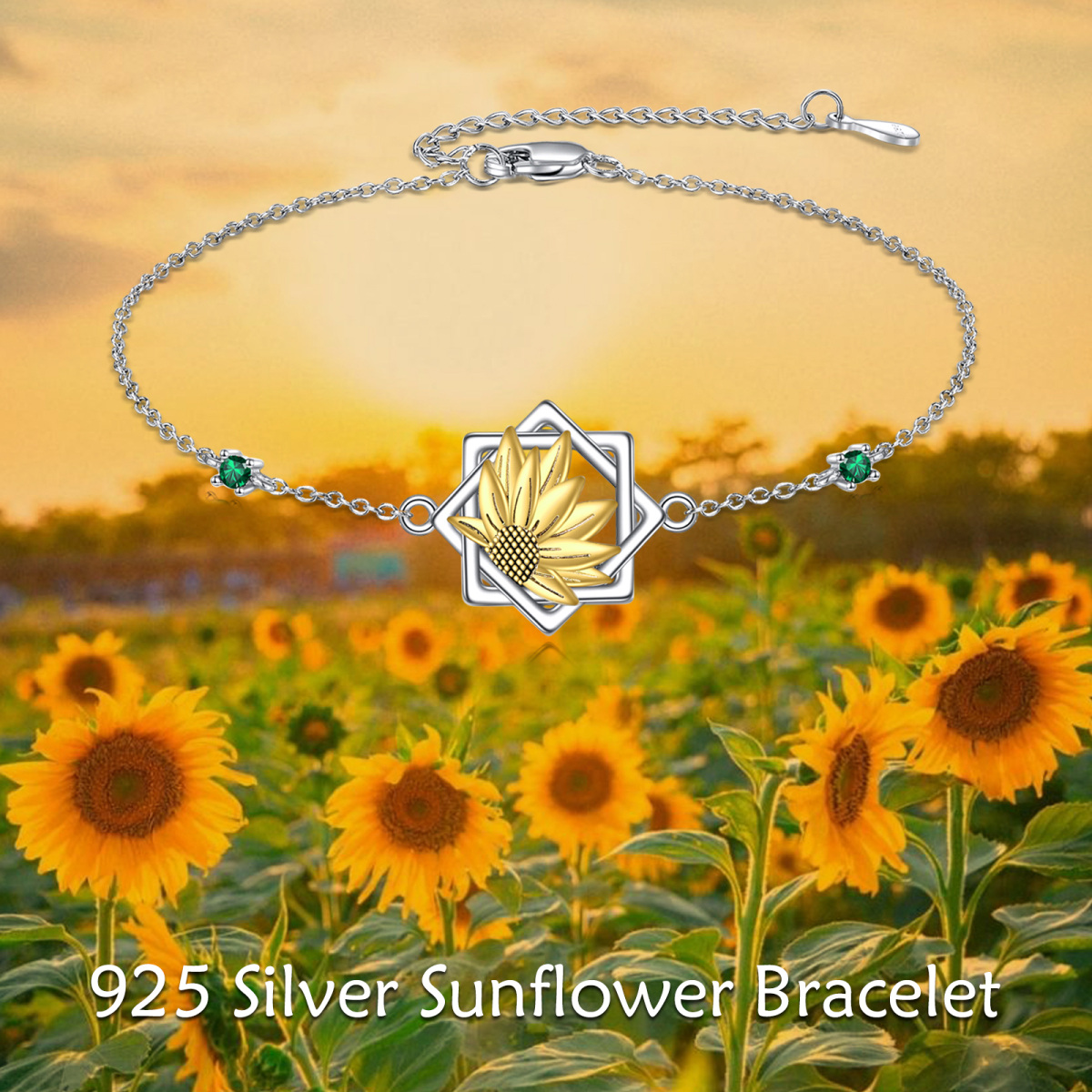 Pulsera Colgante Girasol Circonita Redonda Bicolor Plata de Ley-6