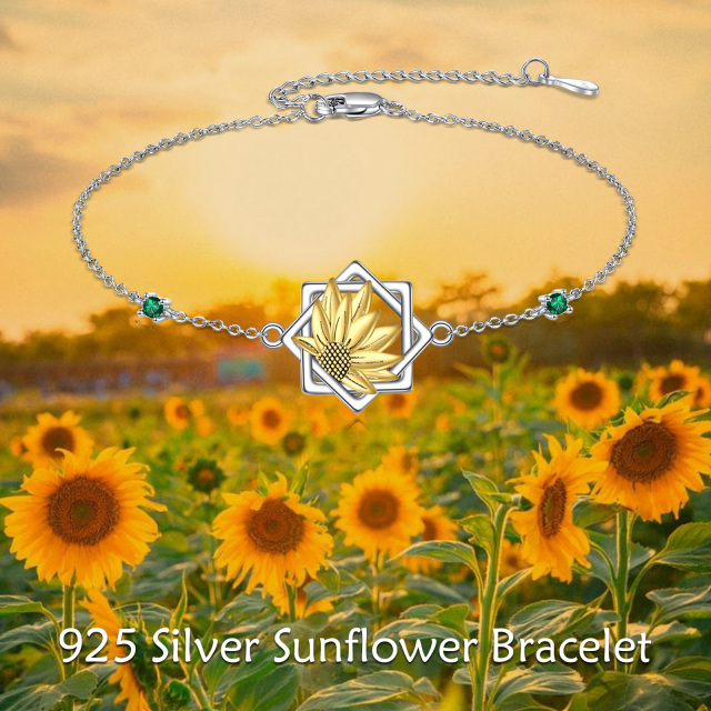 Sterling Silber Zweifarbig Rund Zirkon Sonnenblume Anhänger Armband-6