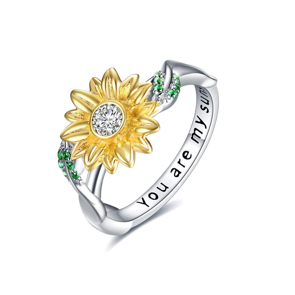 Anello in argento sterling bicolore con zirconi cubici circolari a forma di girasole con parola incisa-1