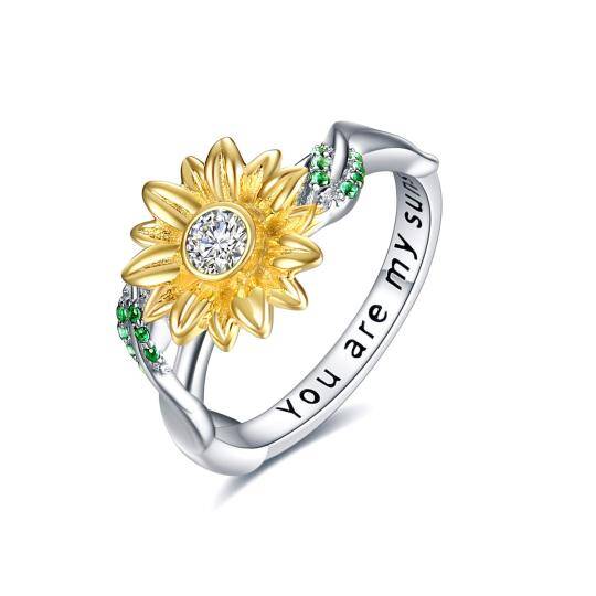 Anillo de plata de ley con forma de girasol y circonita cúbica circular de dos tonos con palabra grabada