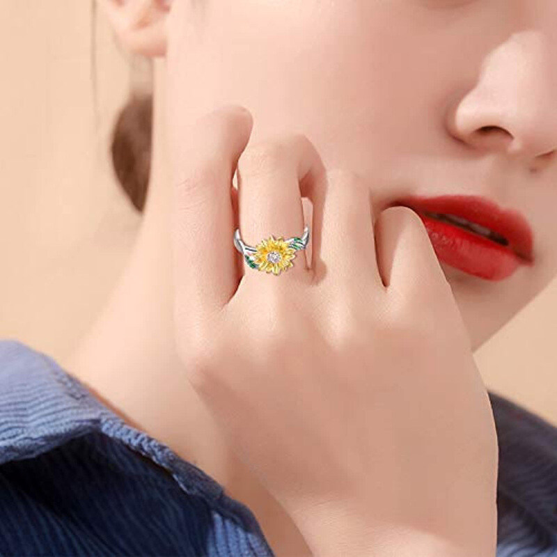 Sterling Silver Two-tone Round Shaped Cubic Zirconia Sunflower Ring with Engraved Word-2