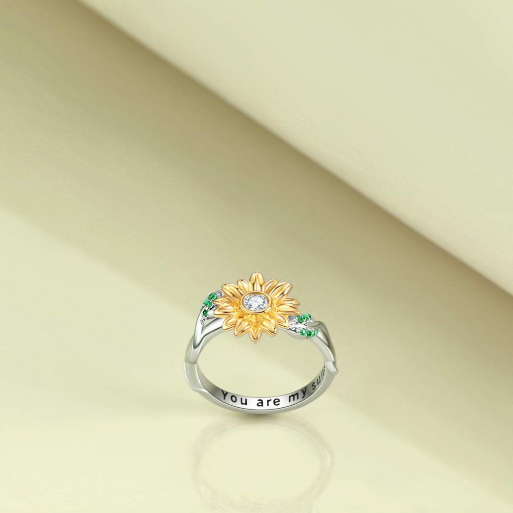 Anello in argento sterling bicolore con zirconi cubici circolari a forma di girasole con parola incisa-3