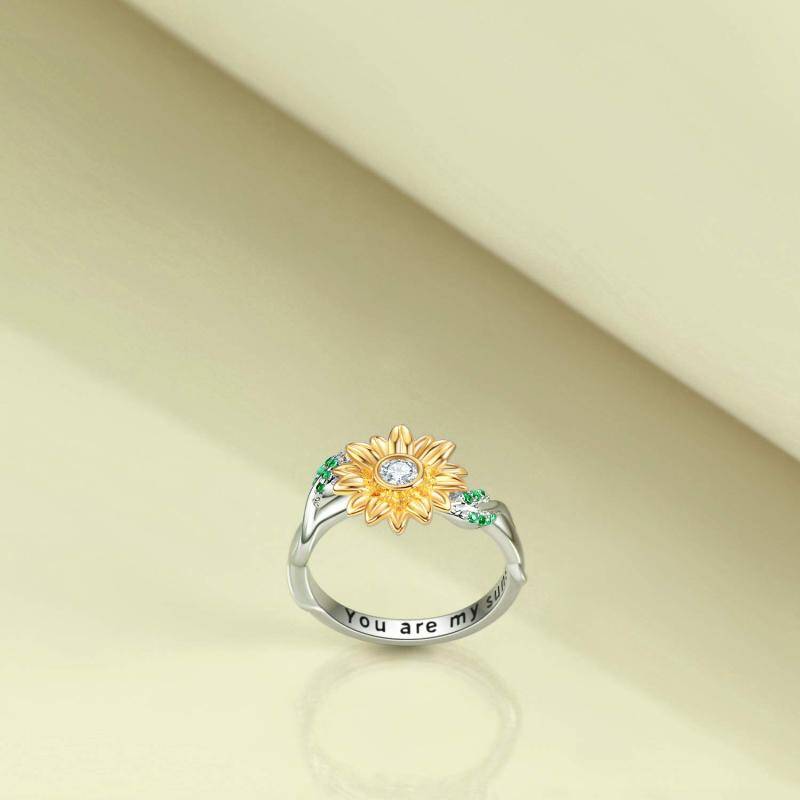 Sterling Silver Two-tone Round Shaped Cubic Zirconia Sunflower Ring with Engraved Word-3