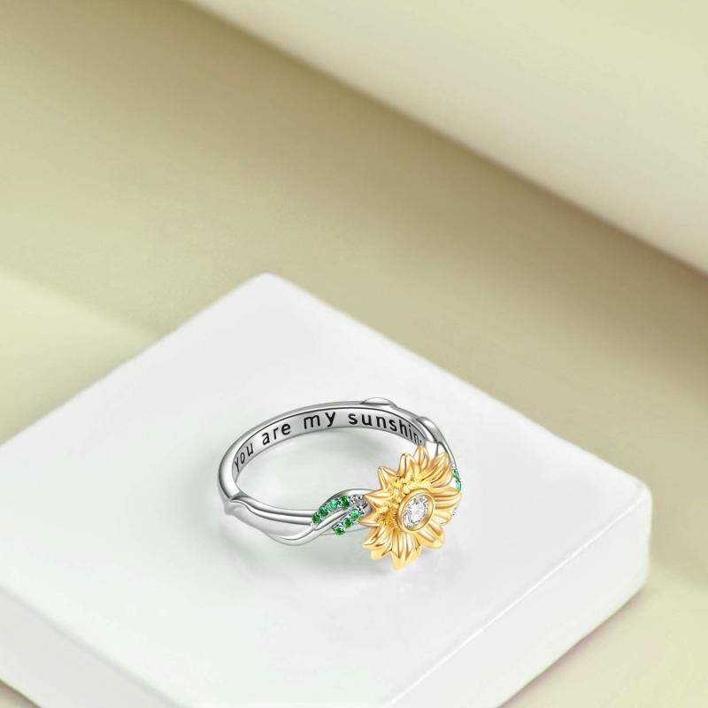 Sterling Silver Two-tone Round Shaped Cubic Zirconia Sunflower Ring with Engraved Word-4