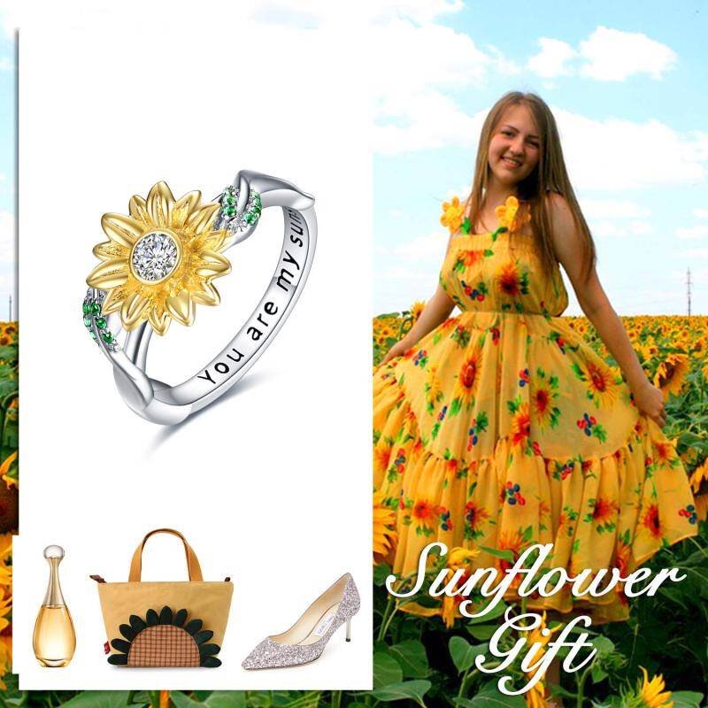 Sterling Silver Two-tone Round Shaped Cubic Zirconia Sunflower Ring with Engraved Word-5