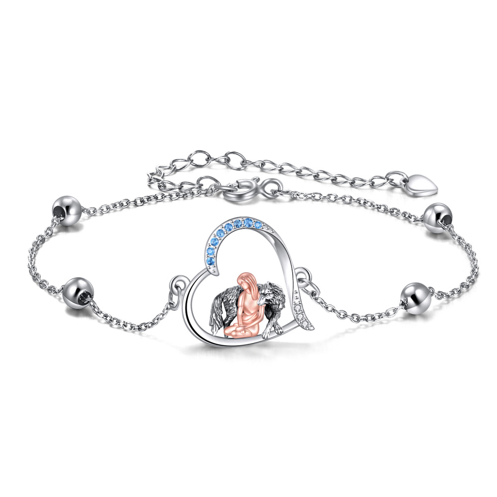 Sterling Silver Two-tone Round Zircon Wolf & Heart Charm Bracelet-1