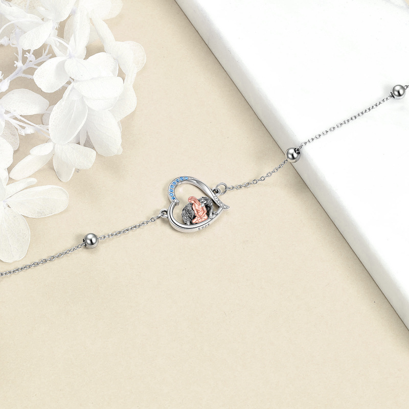 Sterling Silver Two-tone Round Zircon Wolf & Heart Charm Bracelet-3