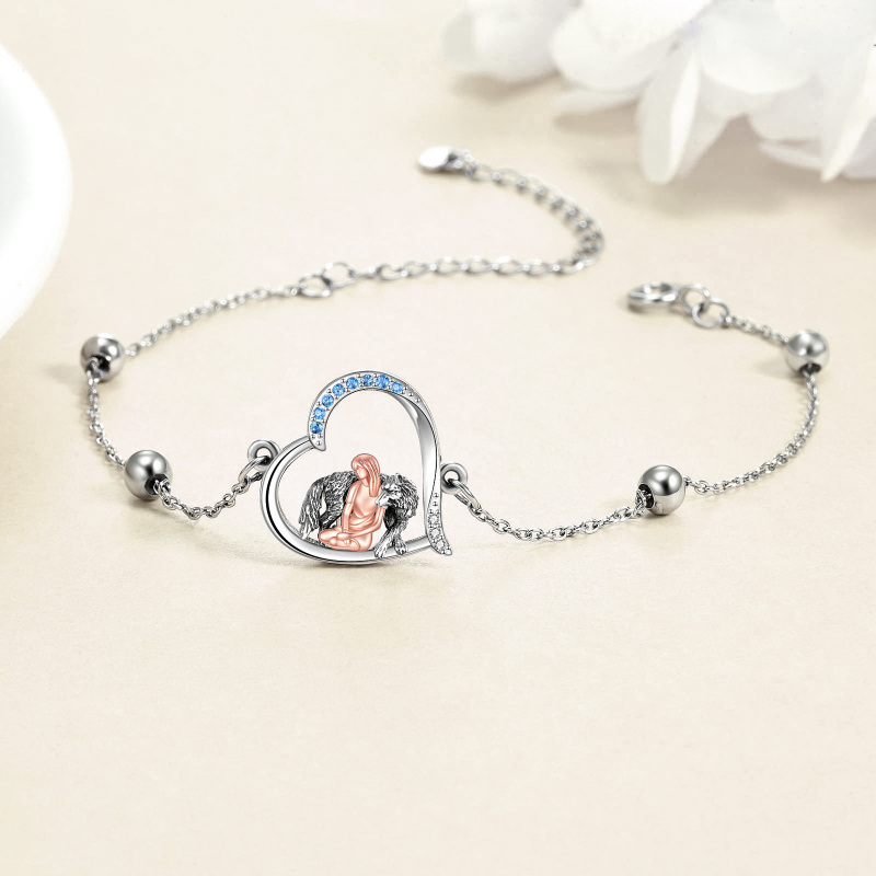 Sterling Silver Two-tone Round Zircon Wolf & Heart Charm Bracelet-4