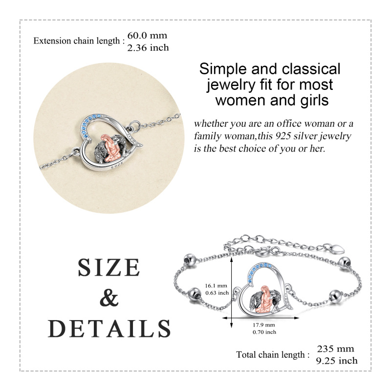 Sterling Silver Two-tone Round Zircon Wolf & Heart Charm Bracelet-5