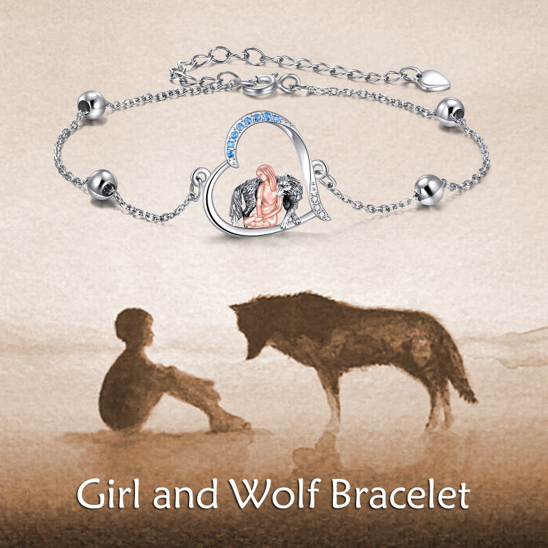 Sterling Silver Two-tone Round Zircon Wolf & Heart Charm Bracelet-6
