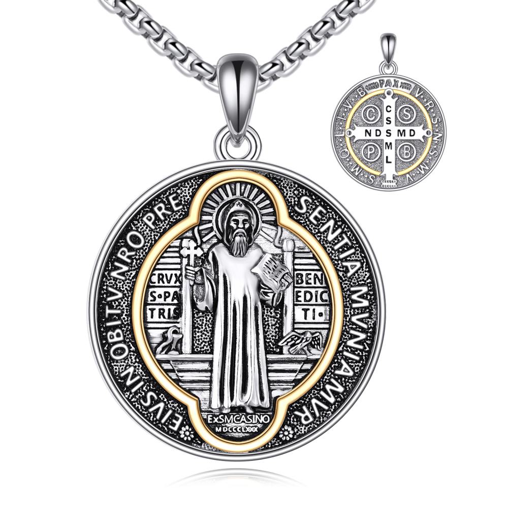 Sterling Silver Two-tone Saint Benedict Pendant Necklace for Men-1