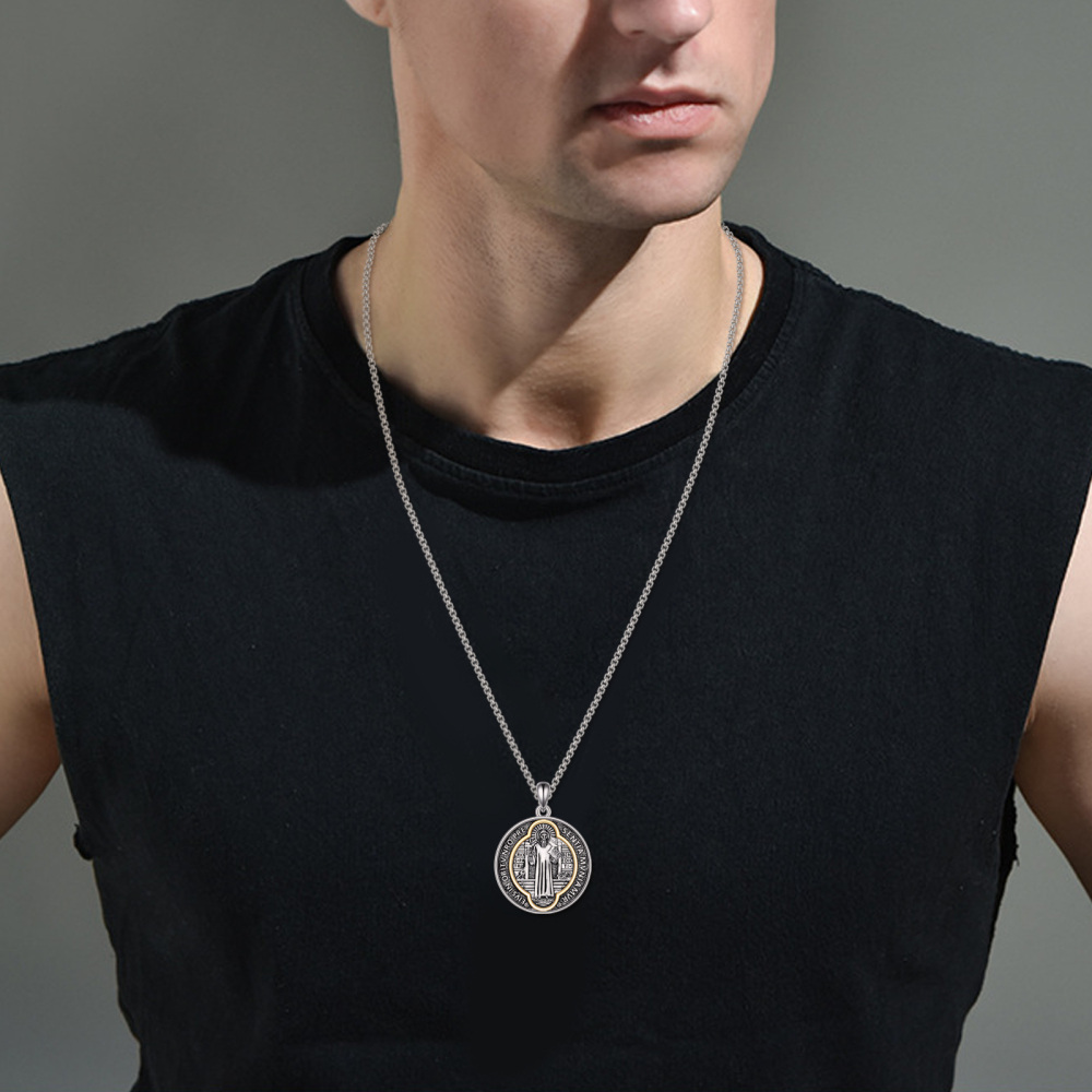 Sterling Silver Two-tone Saint Benedict Pendant Necklace for Men-2