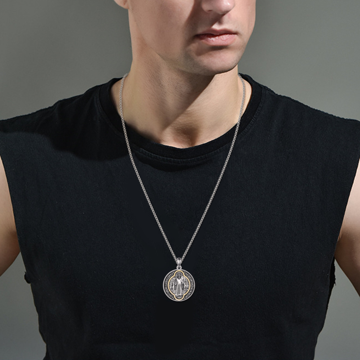 Sterling Silver Two-tone Saint Benedict Pendant Necklace for Men-2