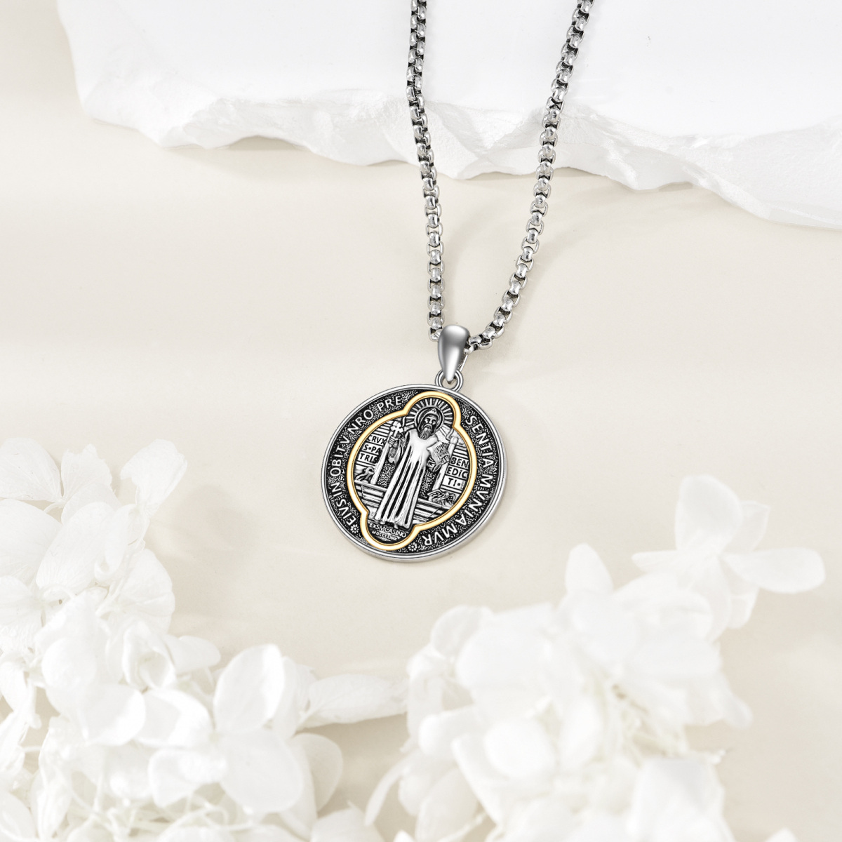 Sterling Silver Two-tone Saint Benedict Pendant Necklace for Men-3