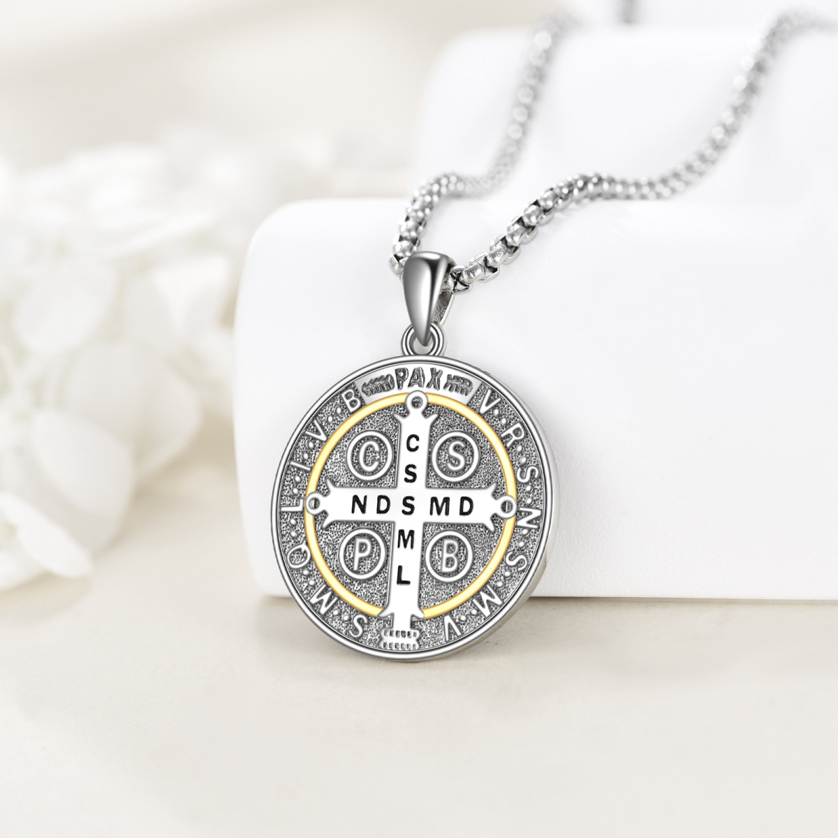 Sterling Silver Two-tone Saint Benedict Pendant Necklace for Men-4