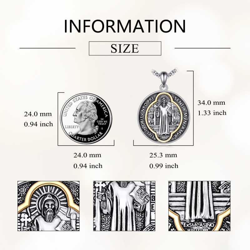 Sterling Silver Two-tone Saint Benedict Pendant Necklace for Men-5