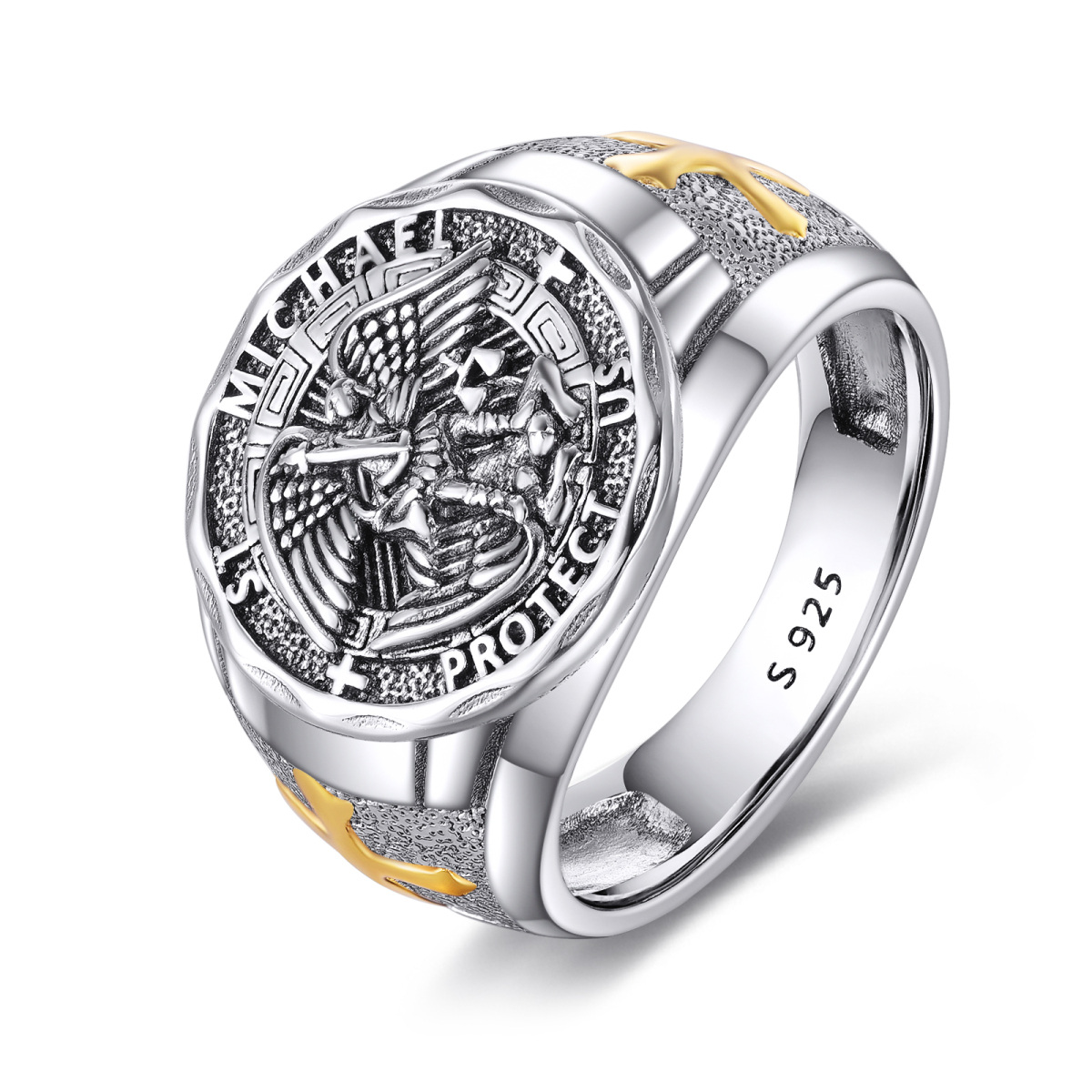 Sterling Silver Two-tone Saint Michael Open Ring for Men-1