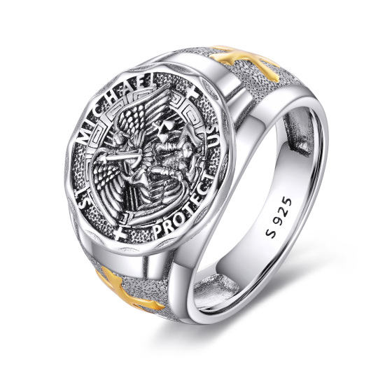 Sterling Silver Two-tone Saint Michael Open Ring for Men