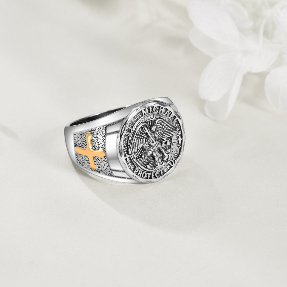 Sterling Silver Two-tone Saint Michael Open Ring for Men-3