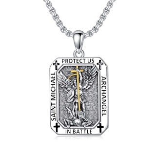 Sterling Silver Two-tone Saint Michael Pendant Necklace with Engraved Word for Men-7