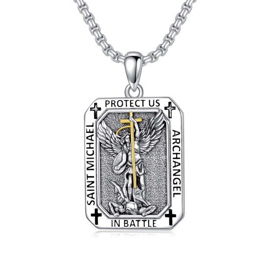 Sterling Silver Two-tone Saint Michael Pendant Necklace with Engraved Word for Men