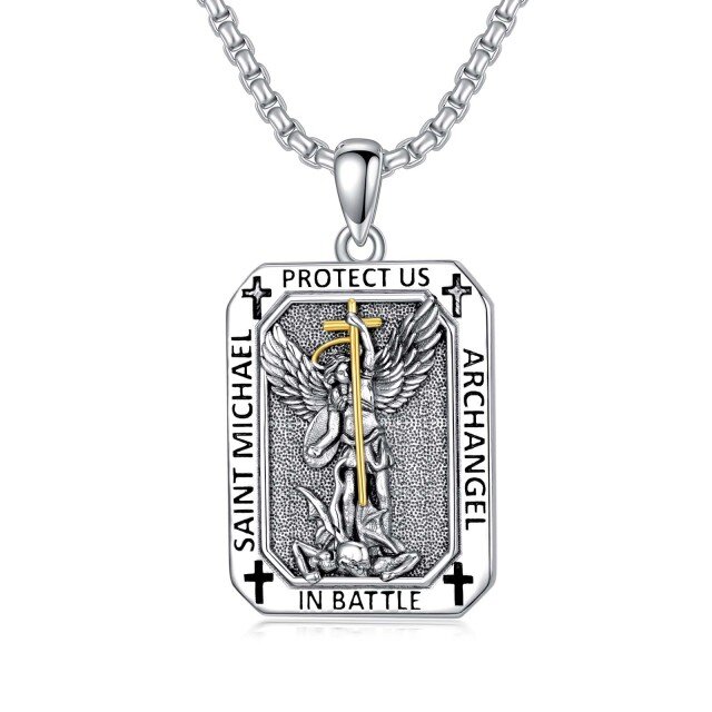 Collier en argent sterling à pendentif Saint Michel bicolore avec mot gravé pour hommes-1