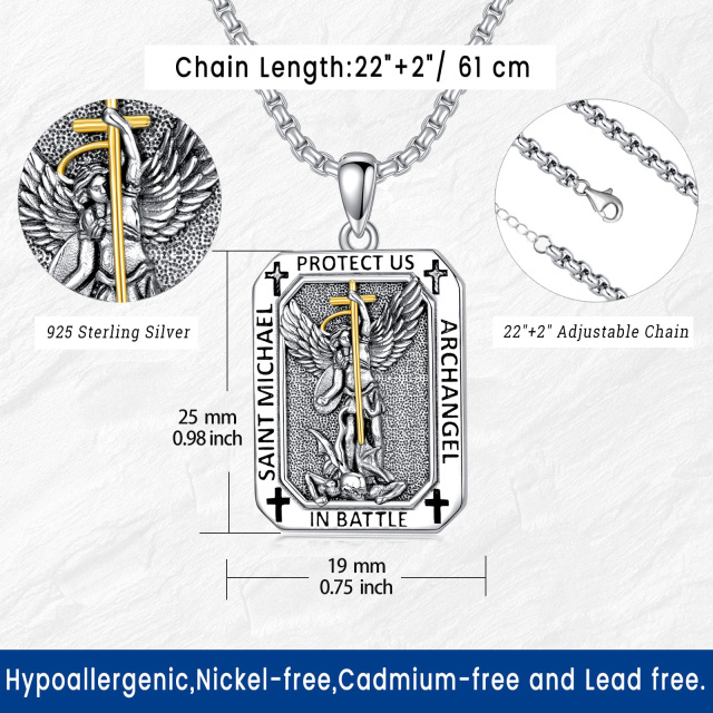 Sterling Silber zweifarbig Saint Michael Anhänger Halskette mit eingraviertem Wort für Män-6