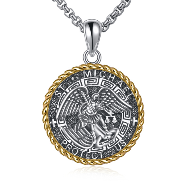 Collier en argent sterling à pendentif Saint Michel bicolore avec mot gravé pour hommes-1