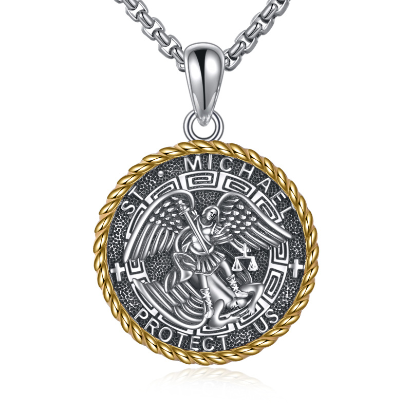 Sterling Silver Two-tone Saint Michael Pendant Necklace with Engraved Word for Men-6