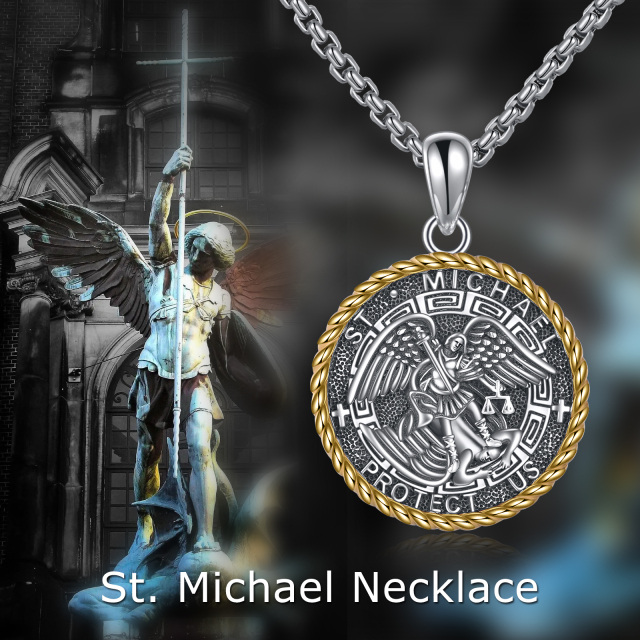 Collier en argent sterling à pendentif Saint Michel bicolore avec mot gravé pour hommes-6