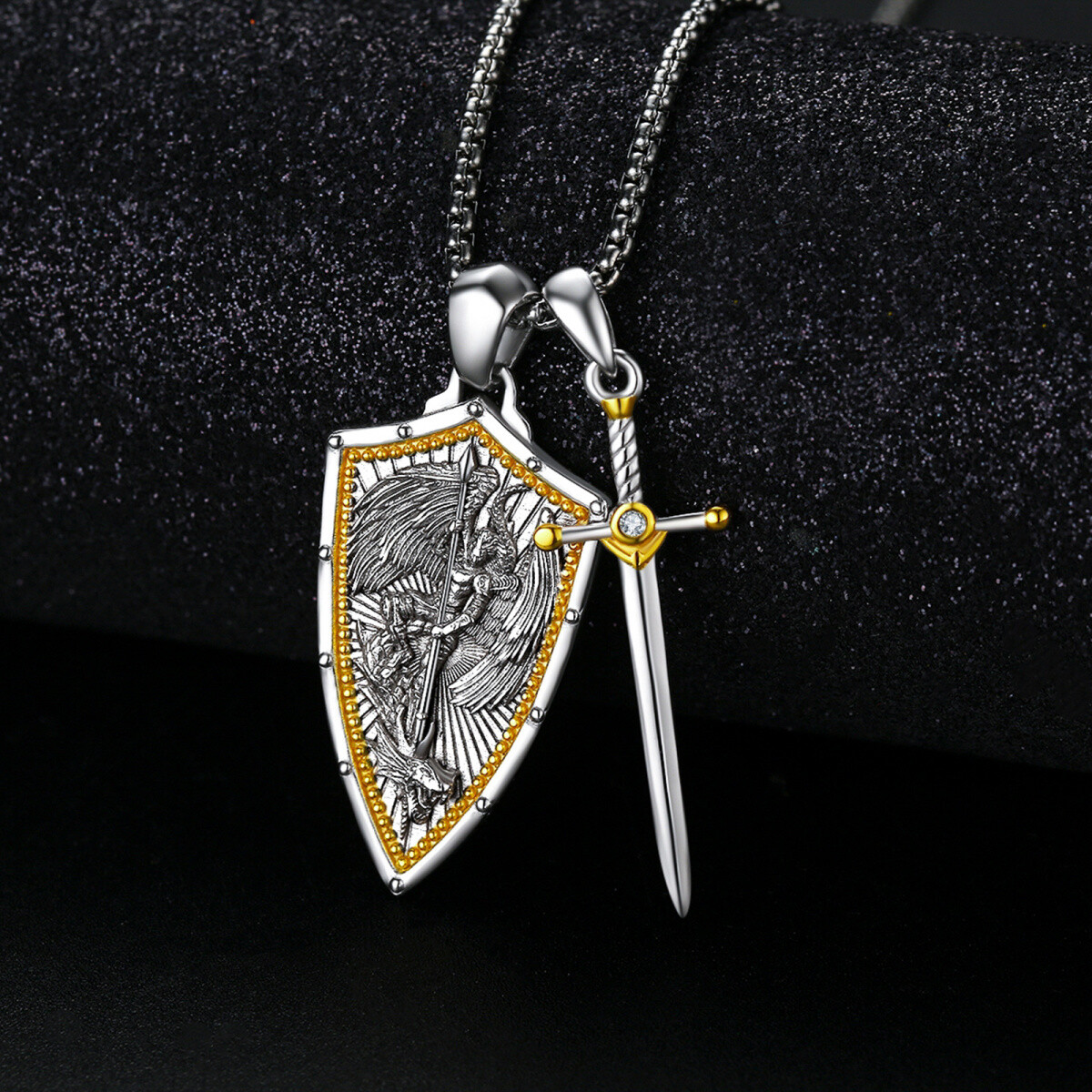 Sterling Silver Two-Tone Saint Michael & Sword Pendant Necklace For Men-4