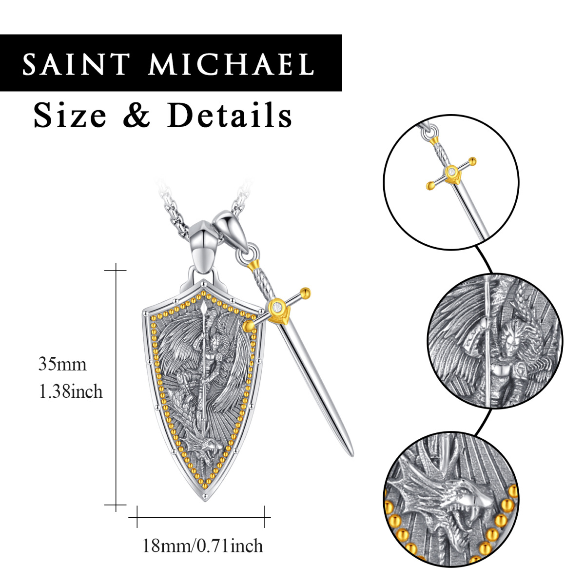 Colar com pingente de espada e Saint Michael em dois tons de prata esterlina para homens-6