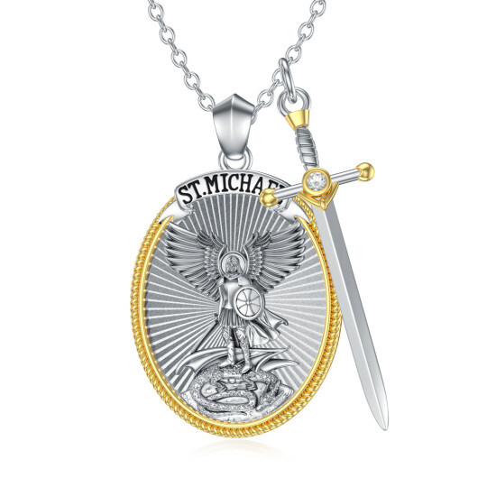 Collier en argent bicolore avec pendentif Saint Michel et épée pour hommes