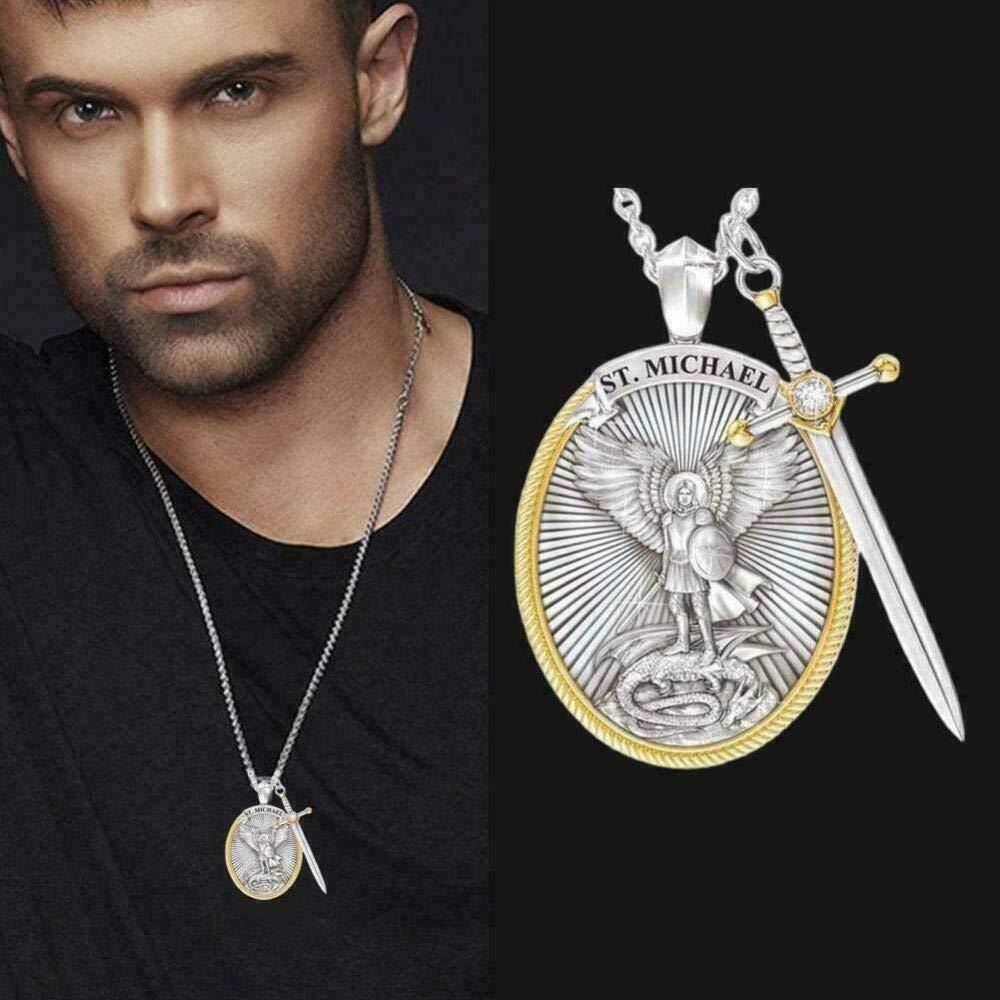 Sterling Silver Two-tone Saint Michael & Sword Pendant Necklace for Men-2