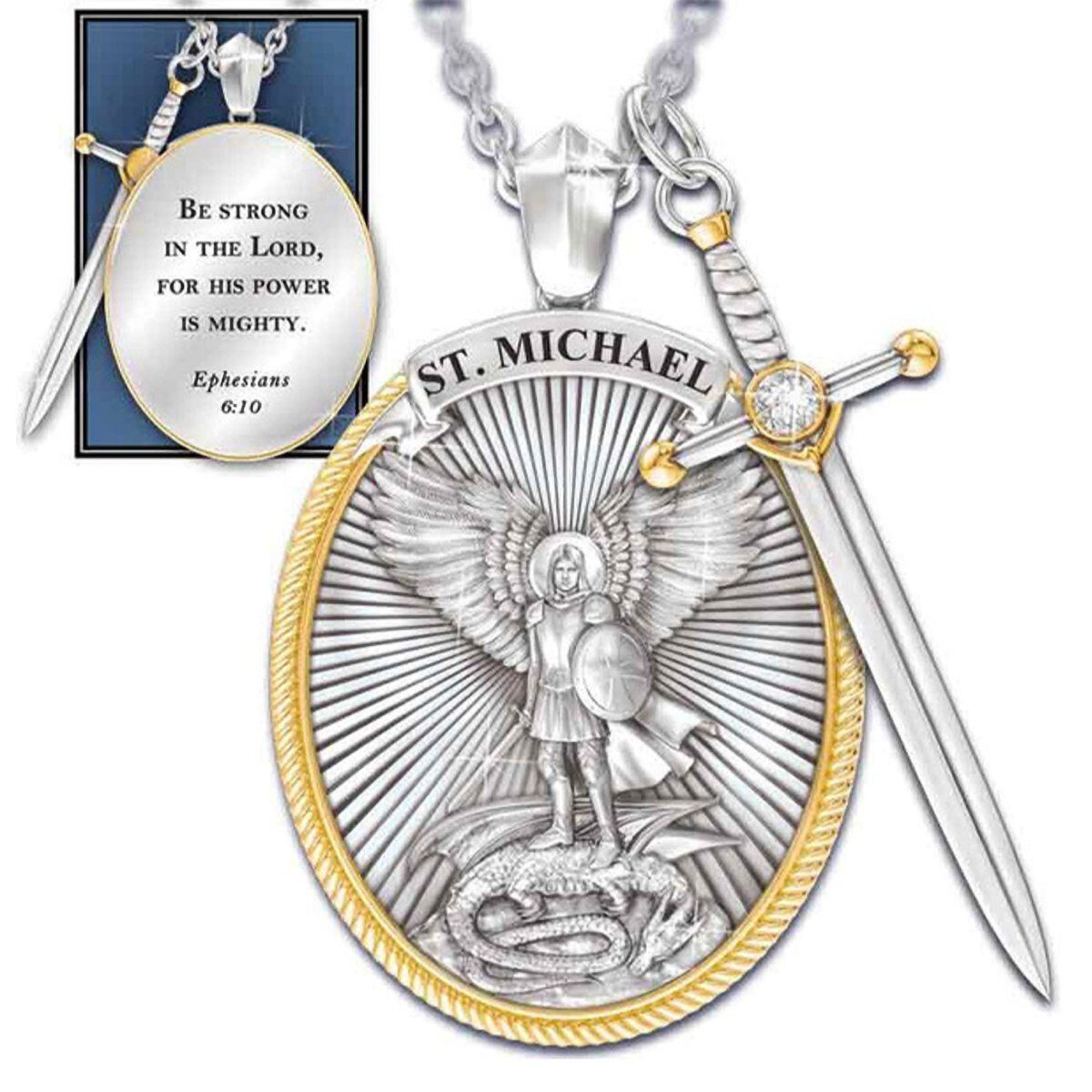 Sterling Silver Two-tone Saint Michael & Sword Pendant Necklace for Men-5