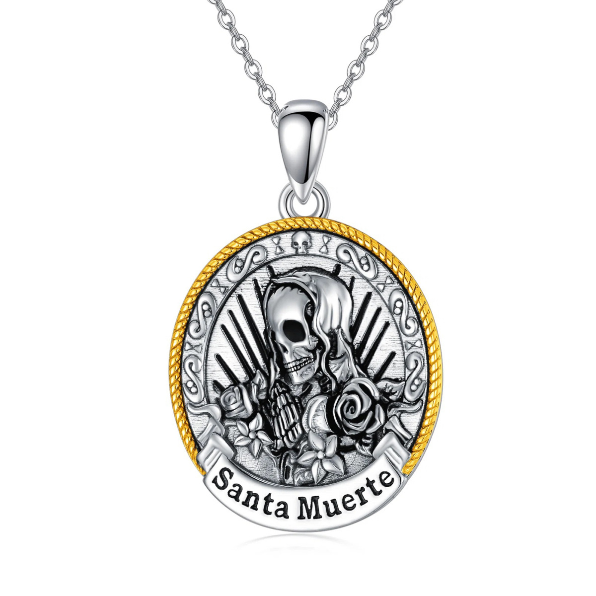 Sterling Silber zweifarbig Santa Muerte Perdoname Anhänger Halskette-1