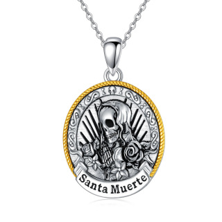 Sterling Silver Two-tone Santa Muerte Perdoname Pendant Necklace-2